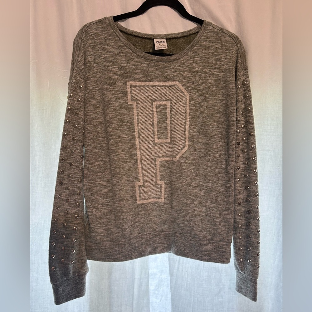 PINK Victoria’s Secret gray studded crew neck sweater